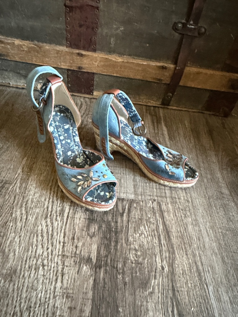 Blue Embellished Ankle-Strap Wedge Sandals